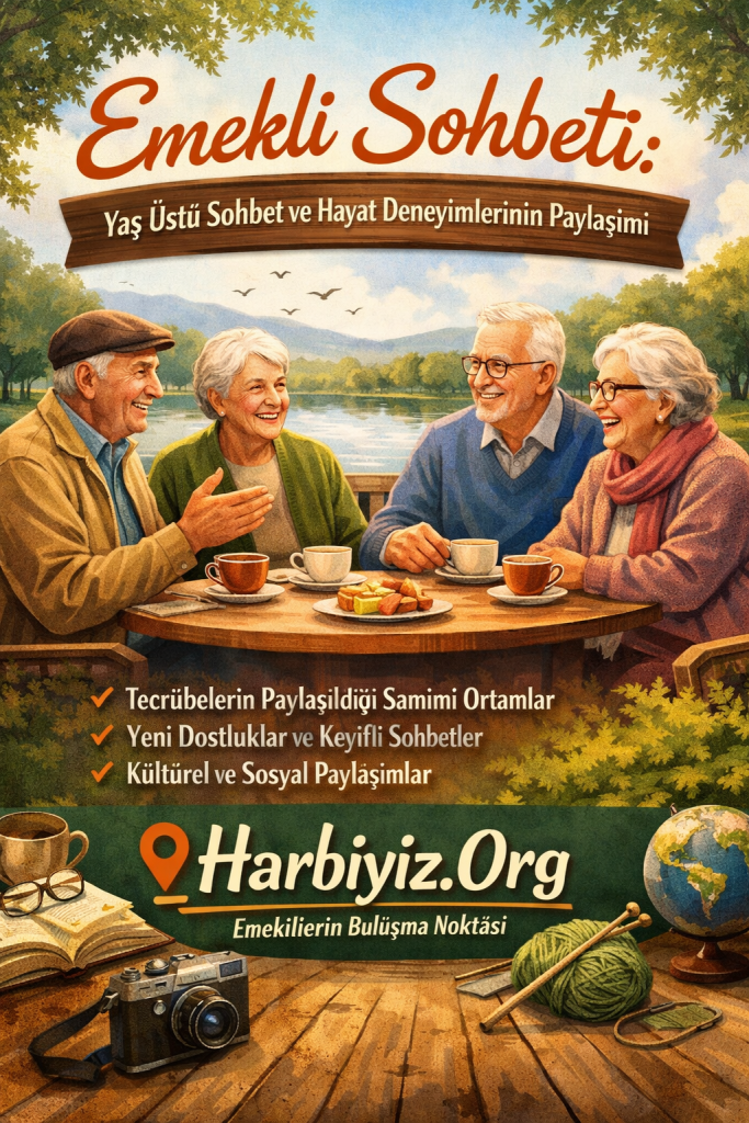 Parkta oturan emeklilerin sohbet ettiği, çay eşliğinde hayat deneyimlerini paylaştığı samimi ortam görseli