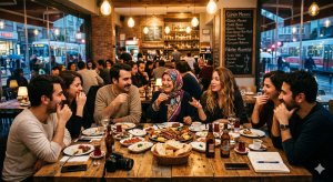 Dostlar Sohbet Harbiyiz.Org samimi muhabbet ve seviyeli chat ortamını yansıtan kafe ortamında sohbet eden insanlar.