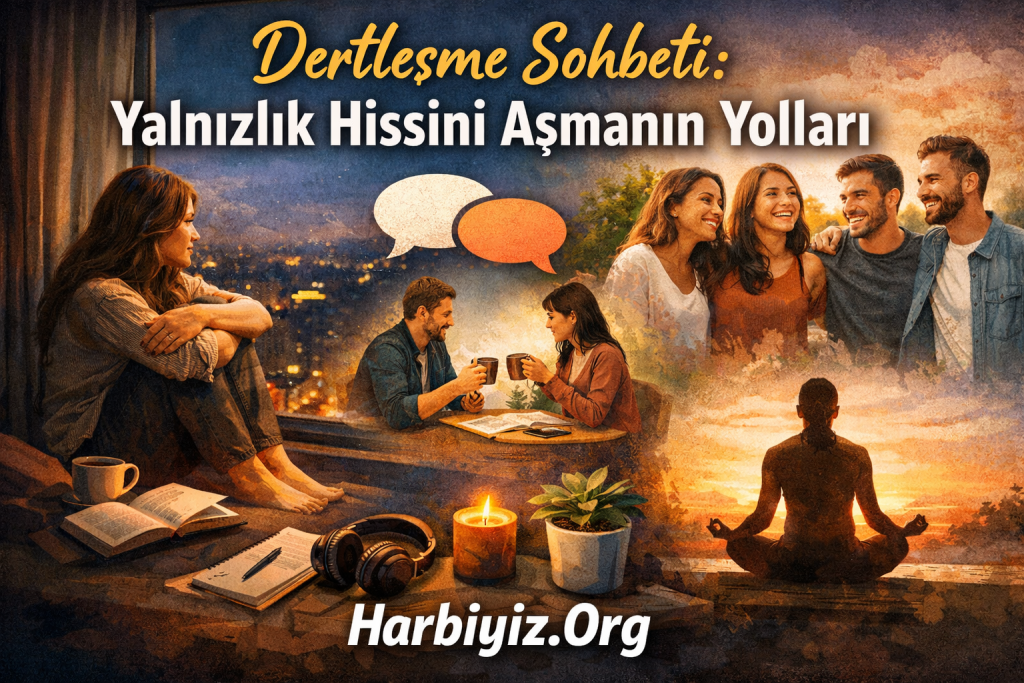 Yalnızlık hissini aşmak için sohbet eden insanlar ve sosyal bağ kurma temalı görsel